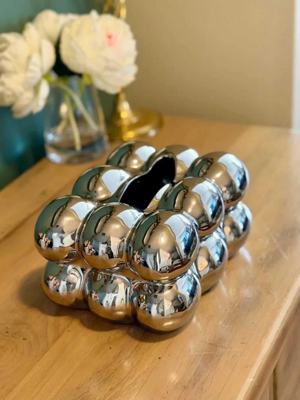 Chrome Bubble Tissue Box Cover Sculptural Silver Modern Decor - Picture 2 of 9